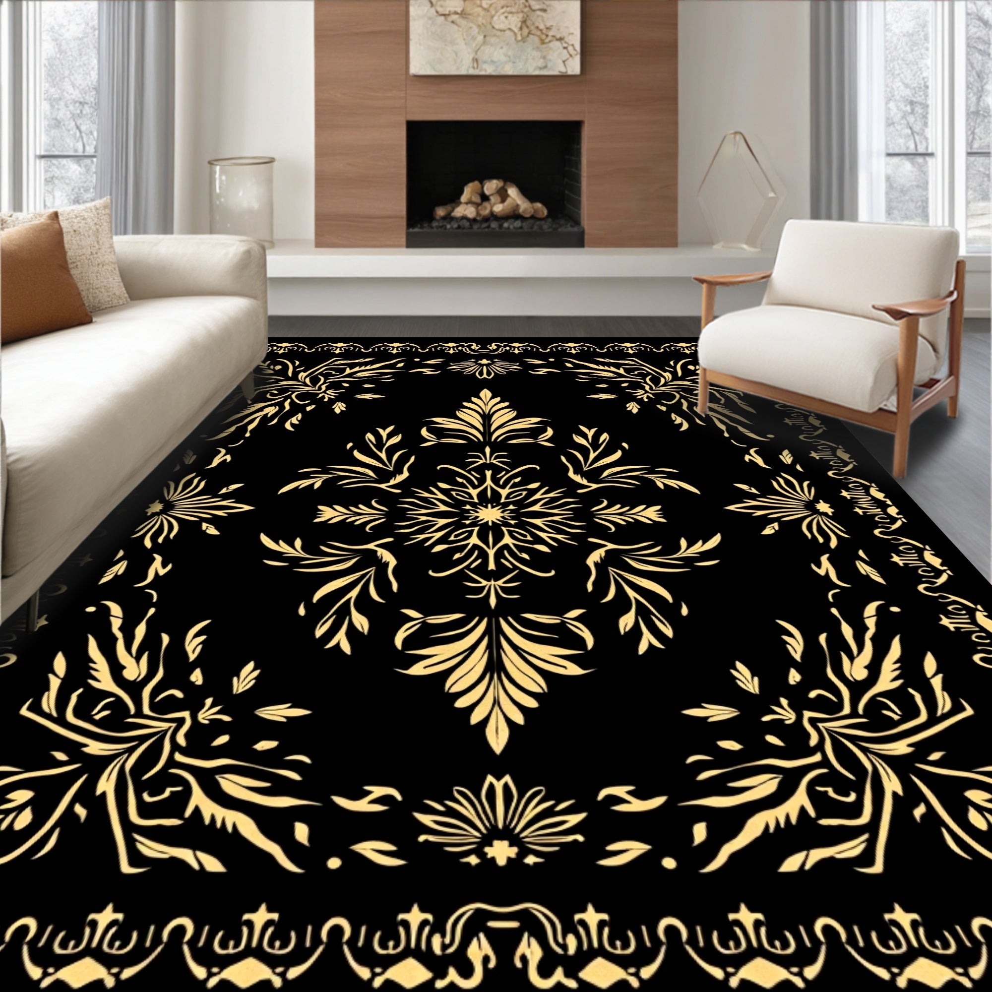 Golden Floral Medallion Black Vintage Rug