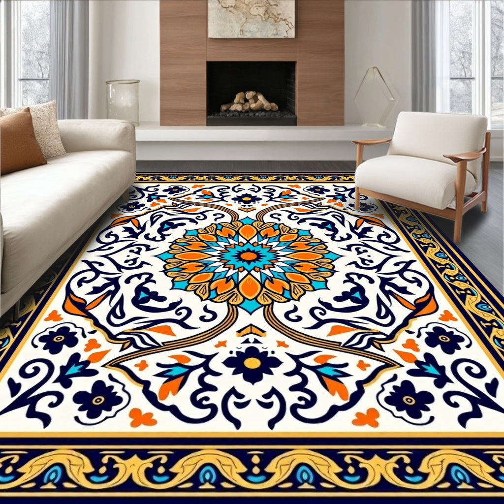 Vibrant Orange Blue Floral Mandala Rug