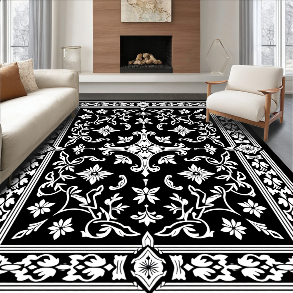 Ornate Black White Floral Vine Rug
