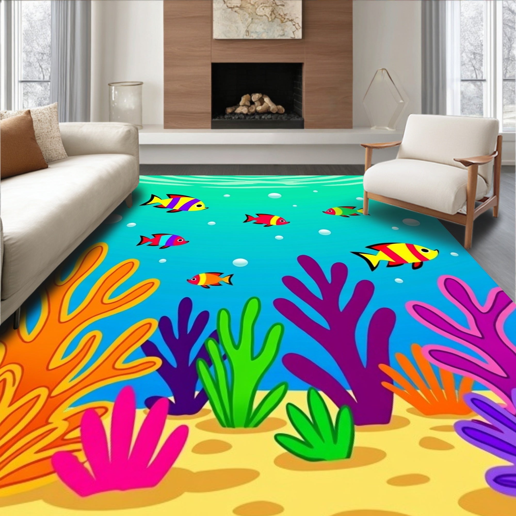 Colorful Ocean Fish Coral Pattern Rug