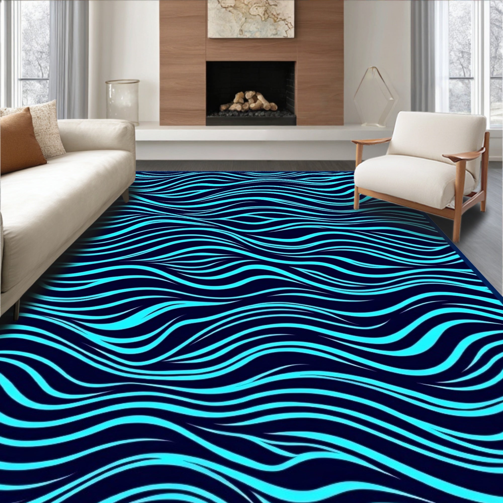 Aqua Wave Patterned Striking Rug