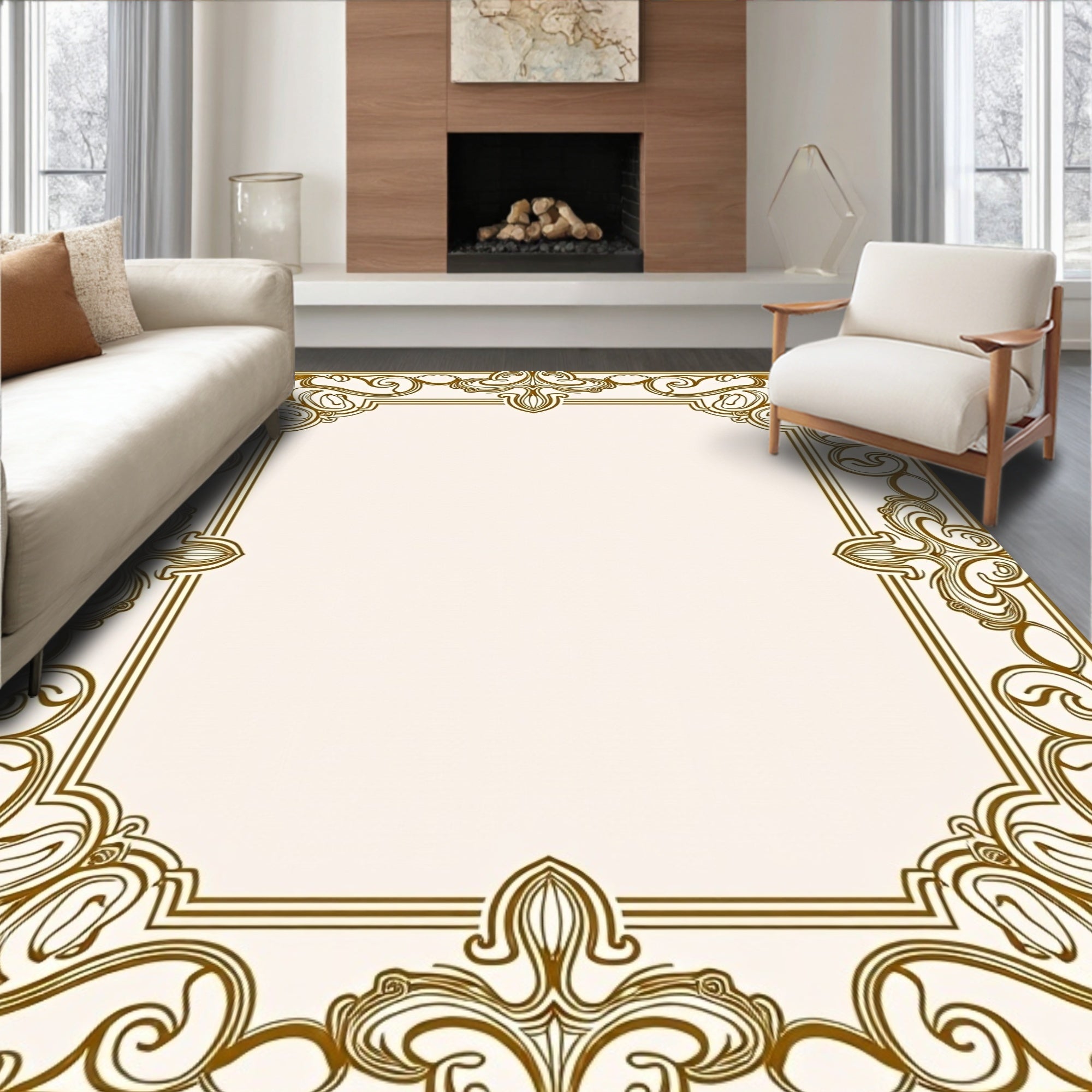Golden Swirling Ornate Border Design Rug