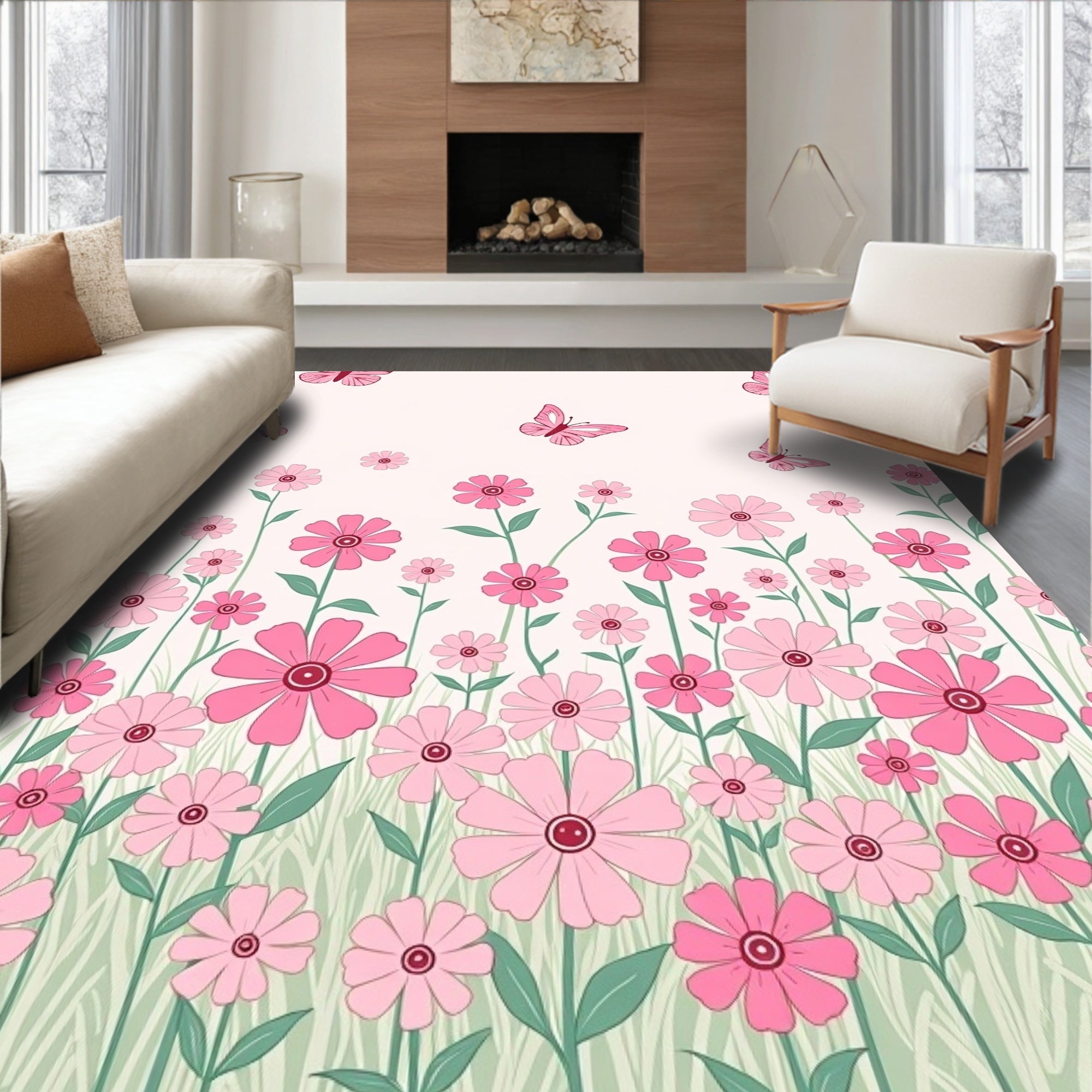 Pink Flower Meadow Butterflies Repeat Pattern Rug