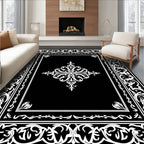 Black White Ornate Floral Scrollwork Rug