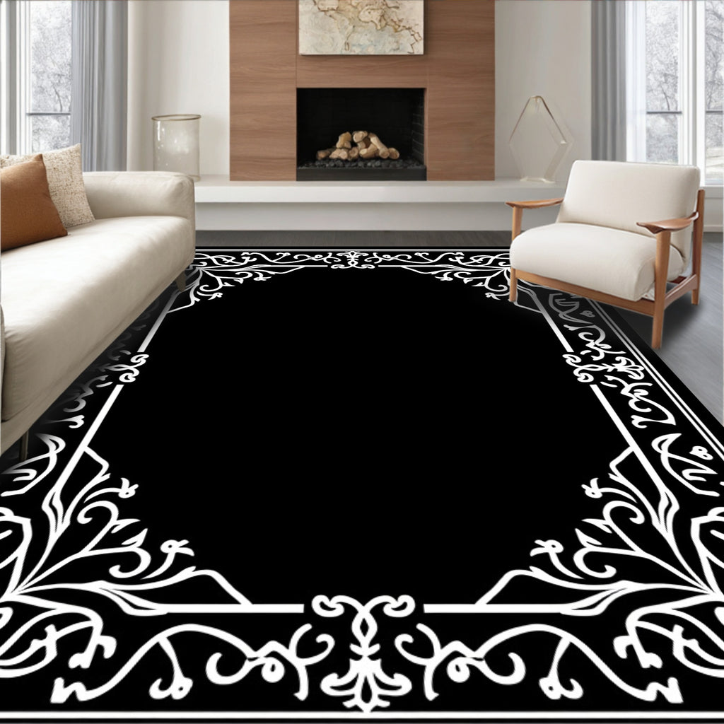 White Classic Floral Scrollwork Border Rug