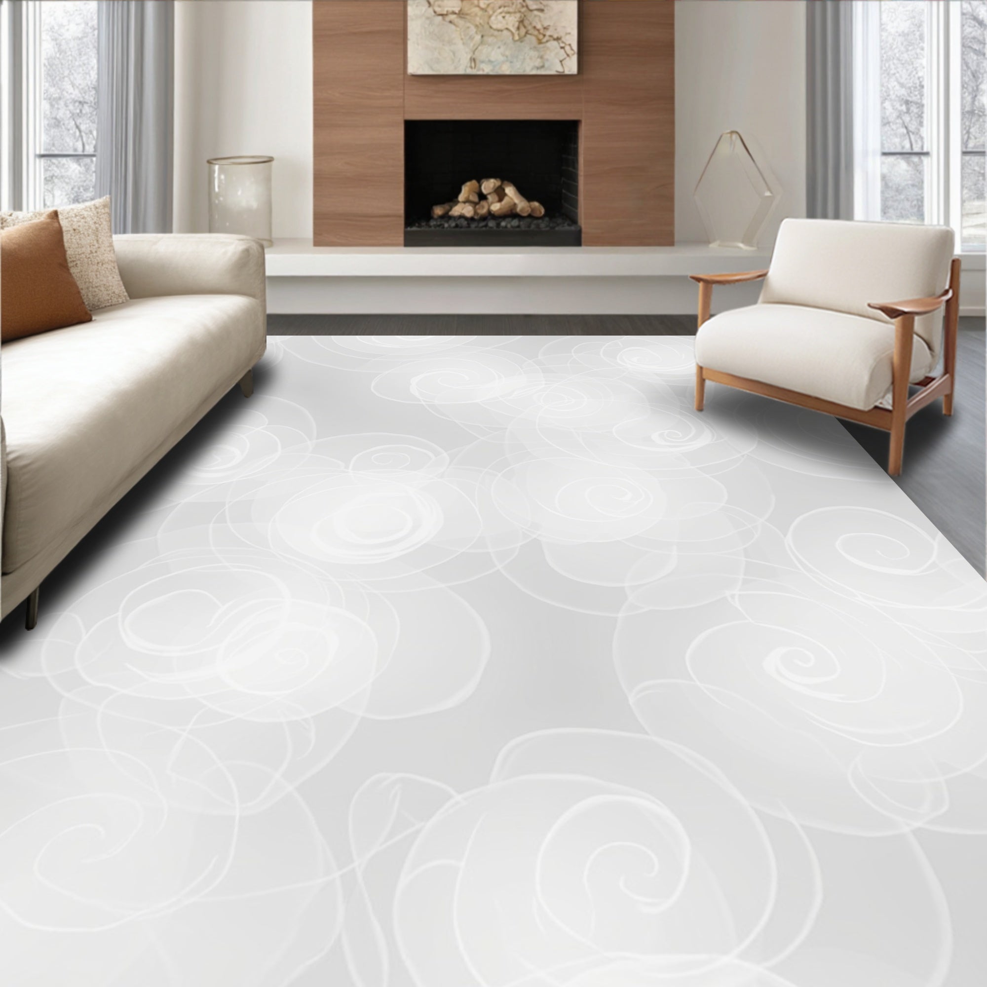 Soft White Swirl Floral Abstract Rug