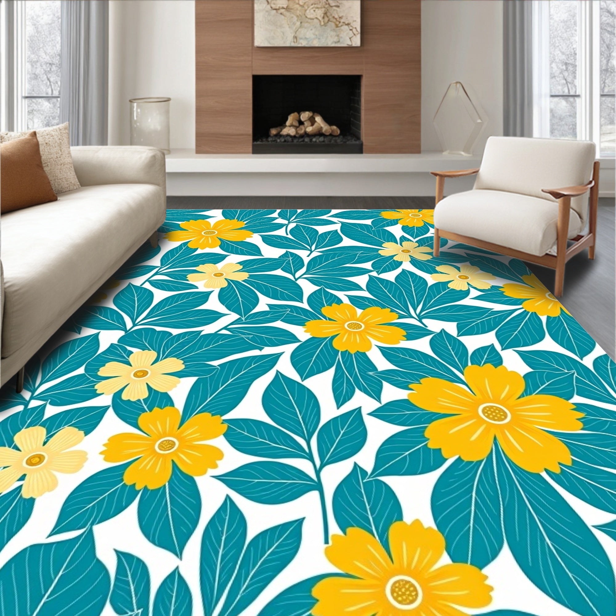 Lush Teal and Yellow Floral Pattern Rug
