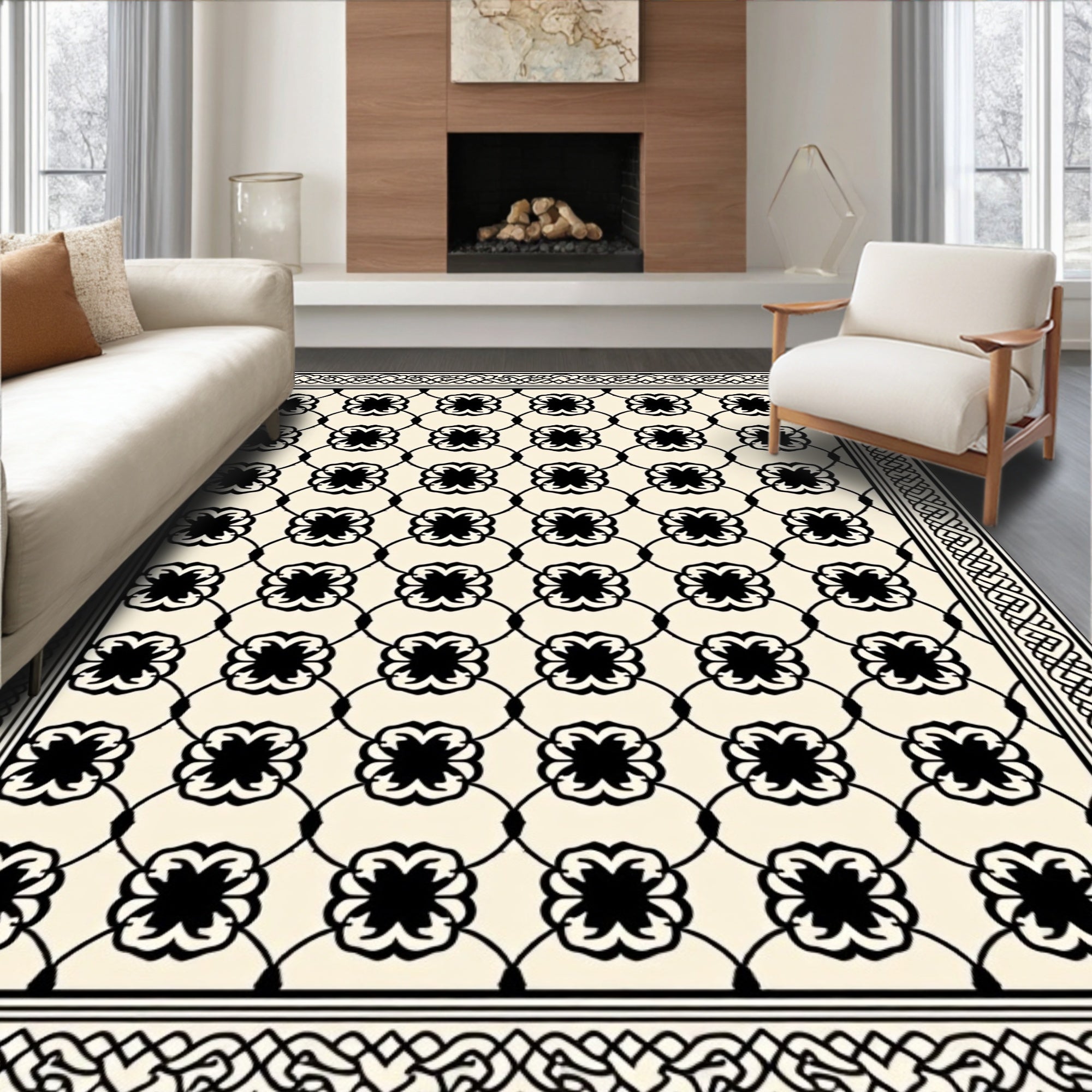 Stunning Black Cream Clover Pattern Rug