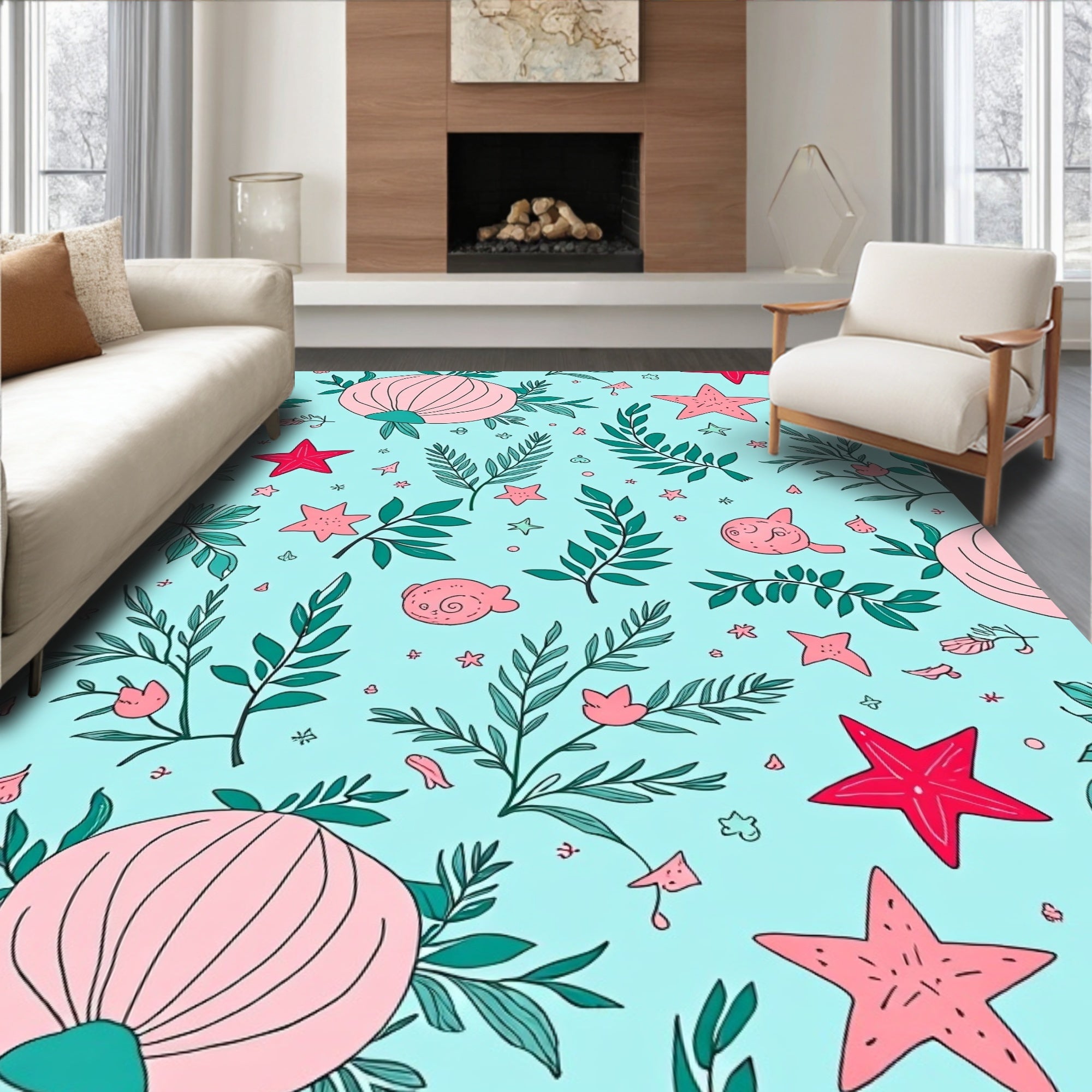 Playful Sea Life Fern Pattern Rug