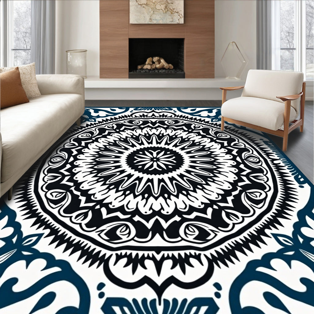 Intricate Mandala Patterned Navy and White Rug