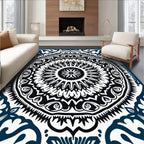 Intricate Mandala Patterned Navy and White Rug