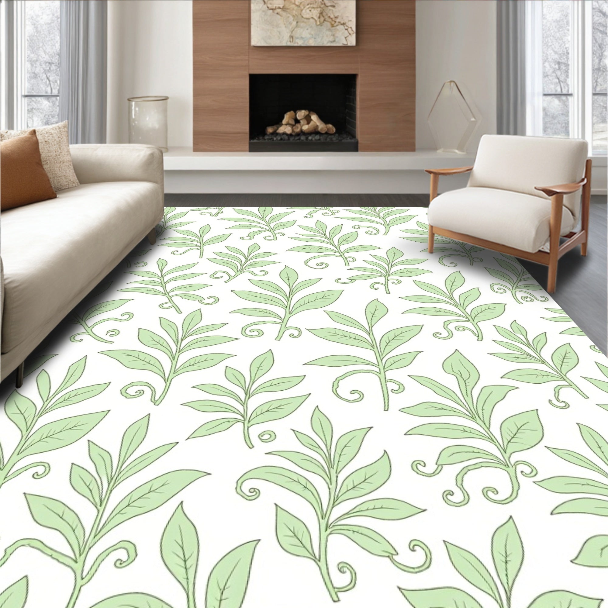 Pale Green Leafy Vines Pattern Rug
