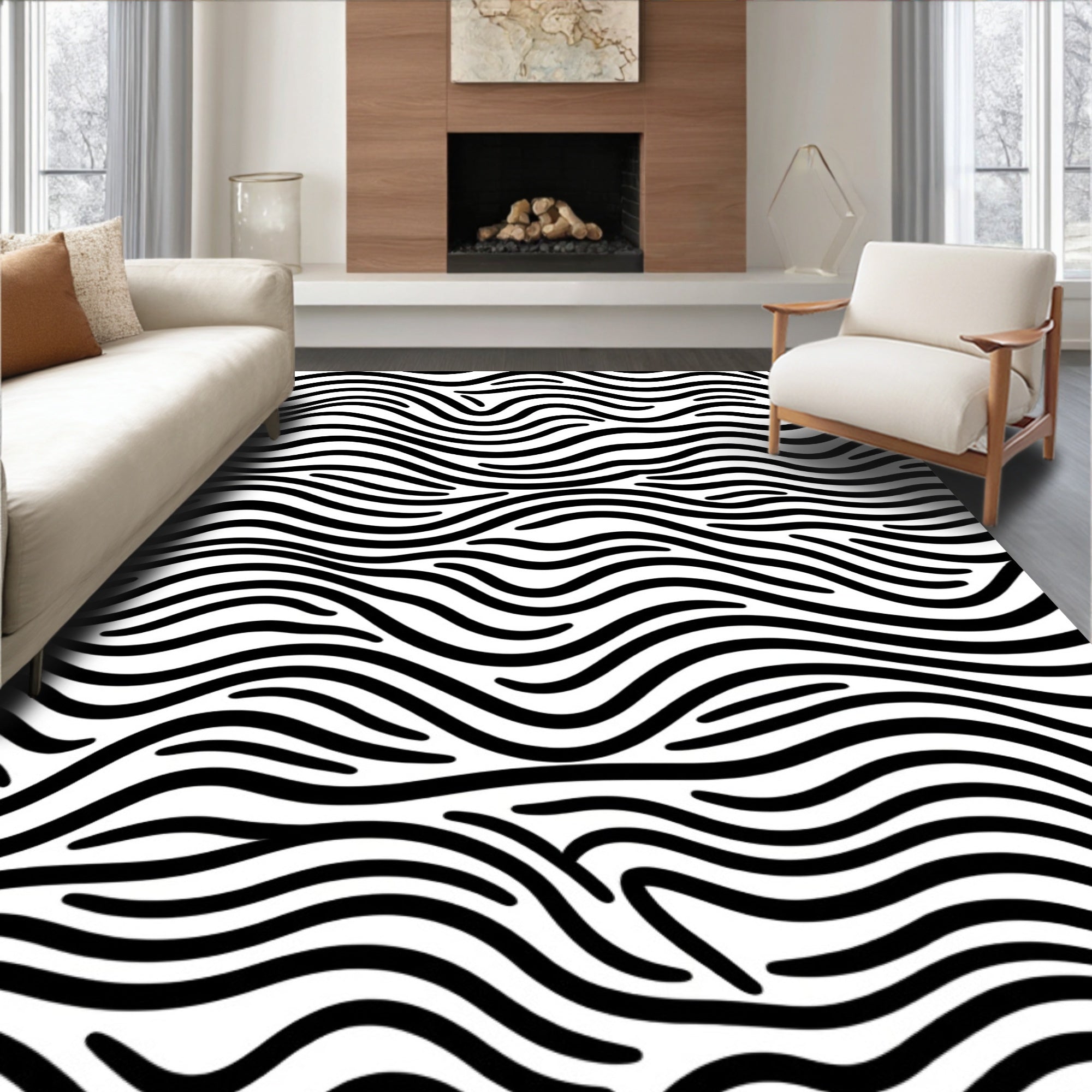 Black White Abstract Wavy Lines Rug