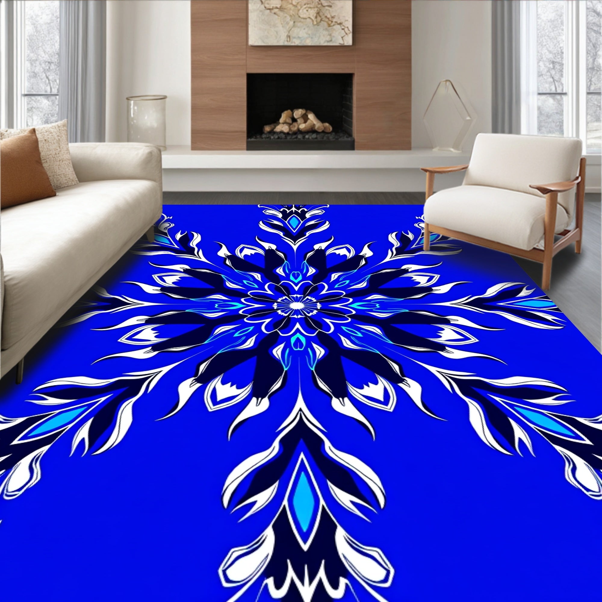 Bold Blue Intricate Floral Medallion Design Rug