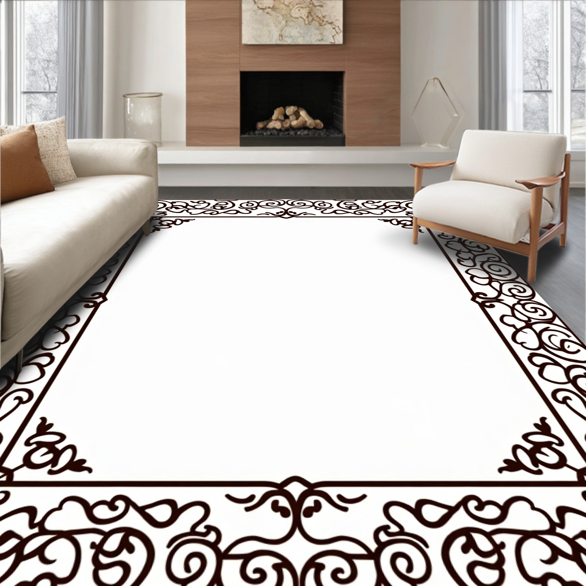 Elegant Scrollwork Floral Border Design Rug