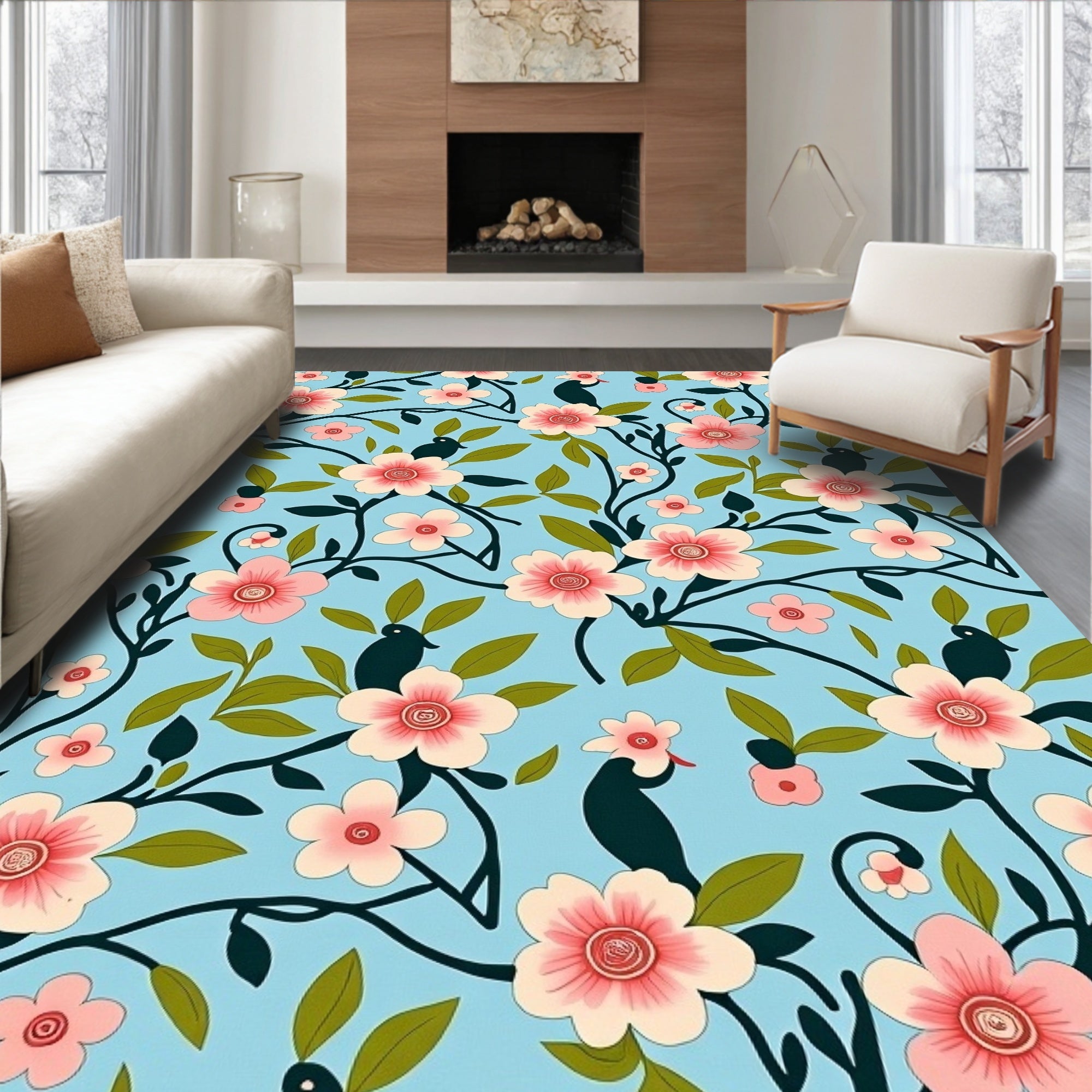 Floral Birds With Pink Blossoms Pattern Rug