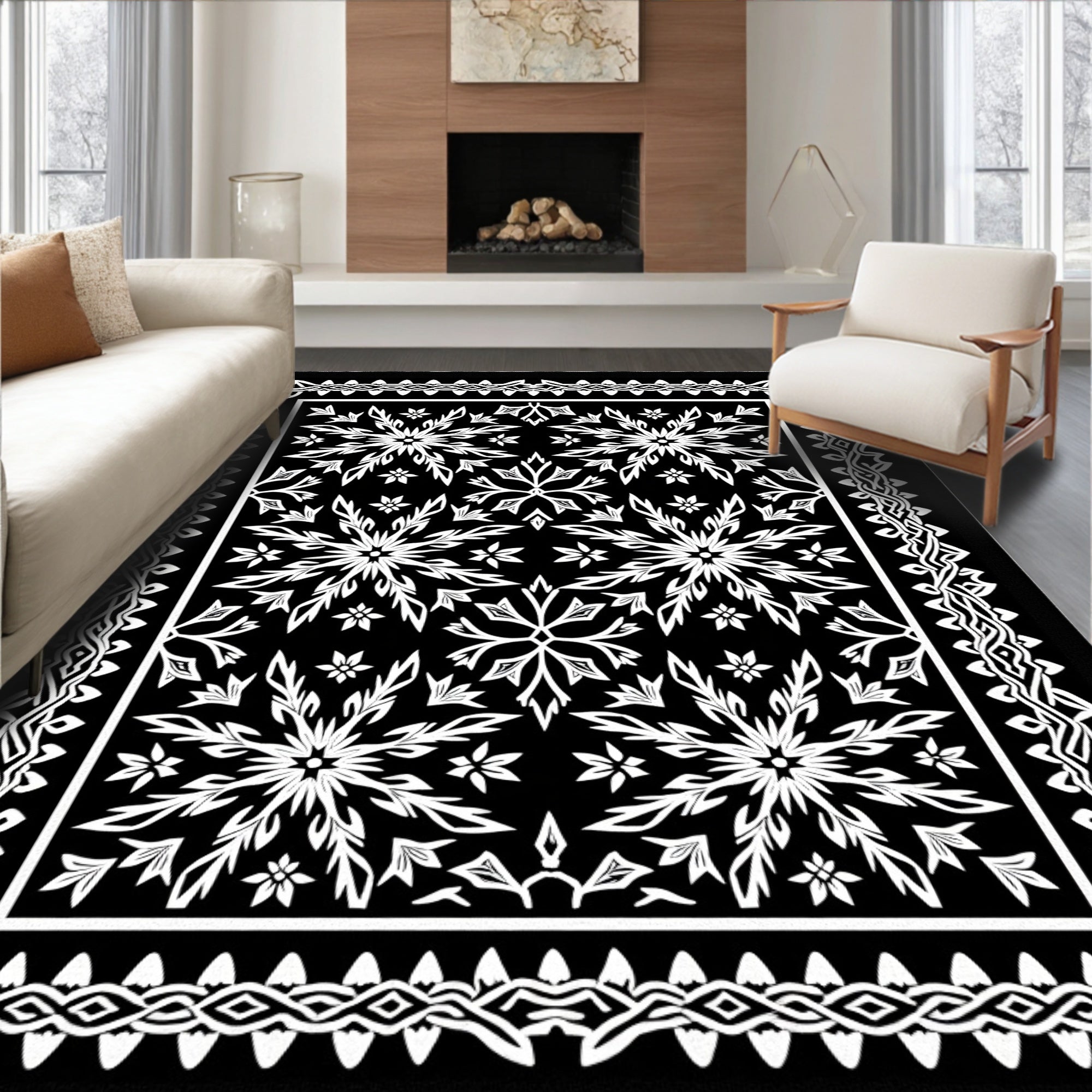 Bold Black White Floral Frame Rug