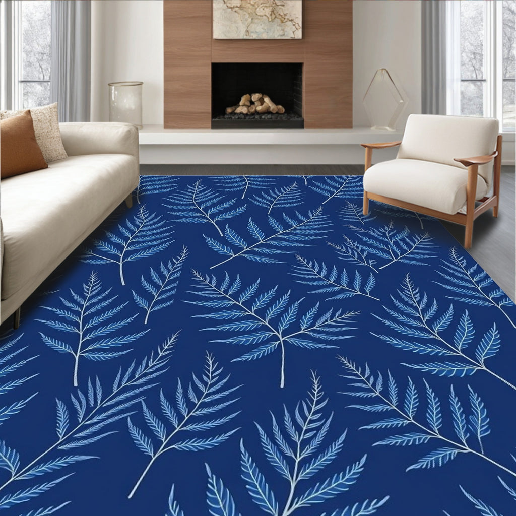 Blue Leafy Branch Pattern Rug