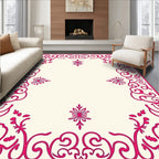 Ornate Pink Floral Scroll Border Design Rug