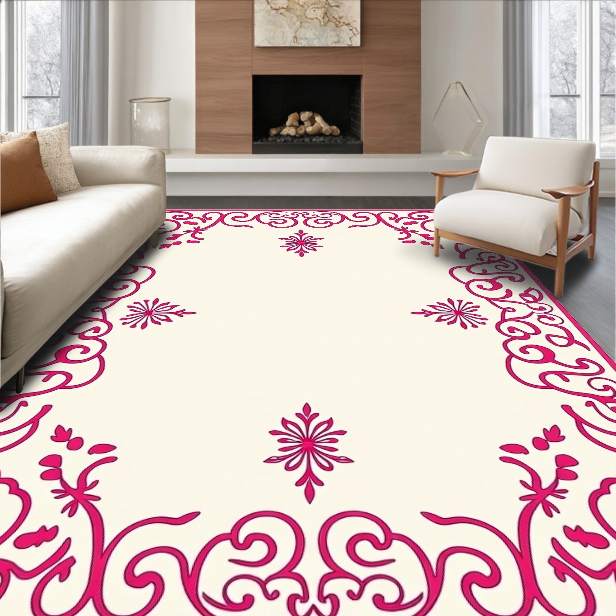 Ornate Pink Floral Scroll Border Design Rug