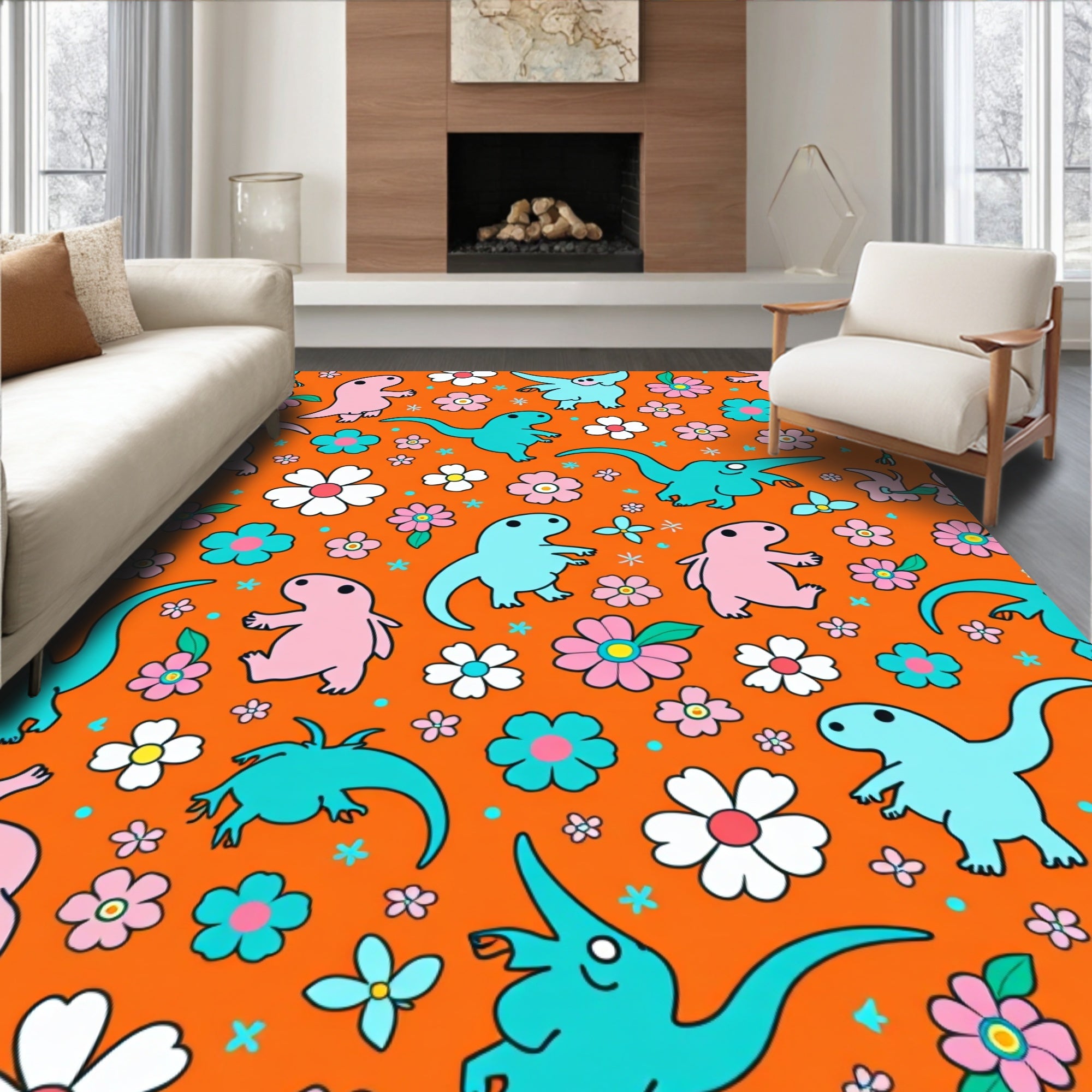 Cute Dinosaur Flower Pattern Rug