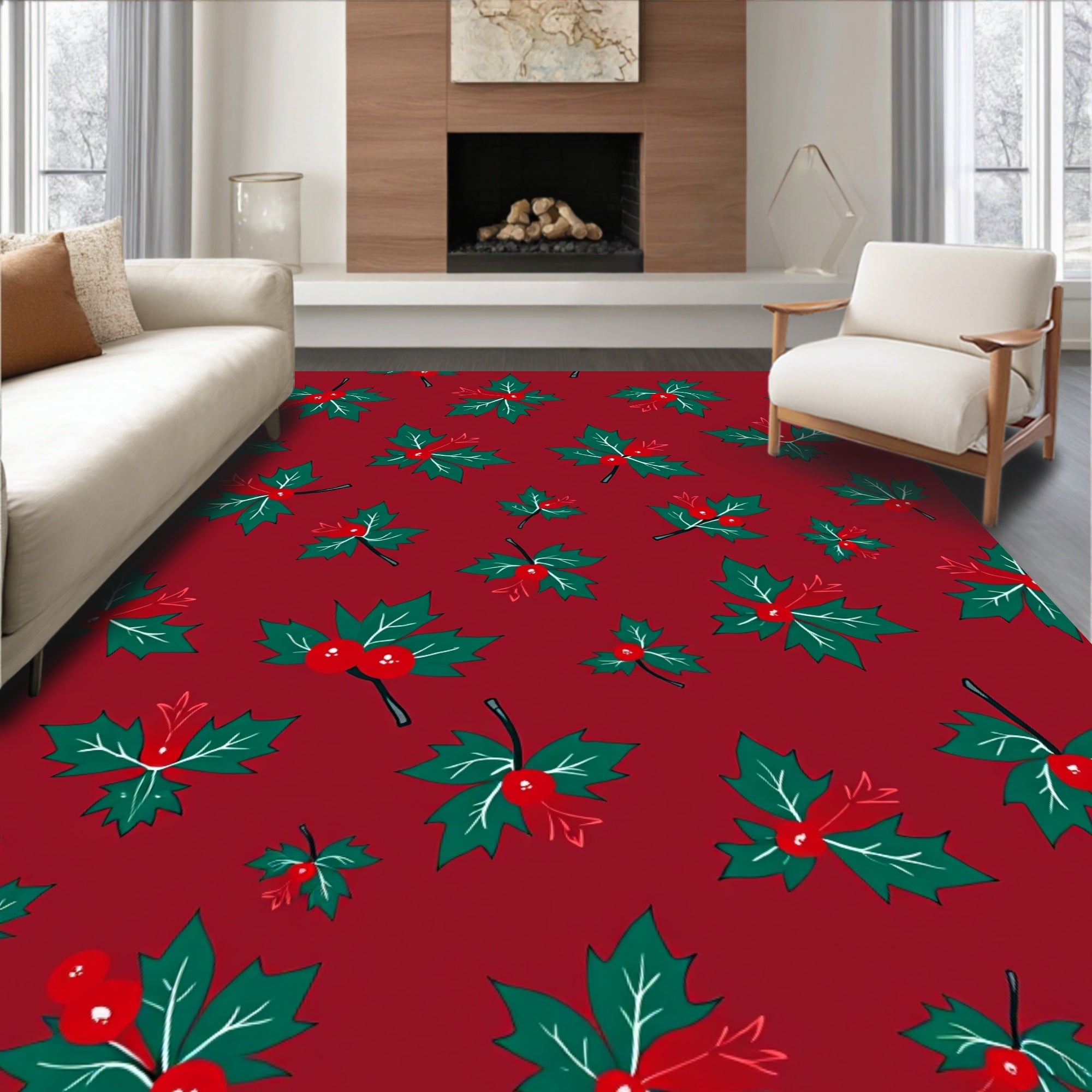 Festive Holly Berry Pattern Accent Rug