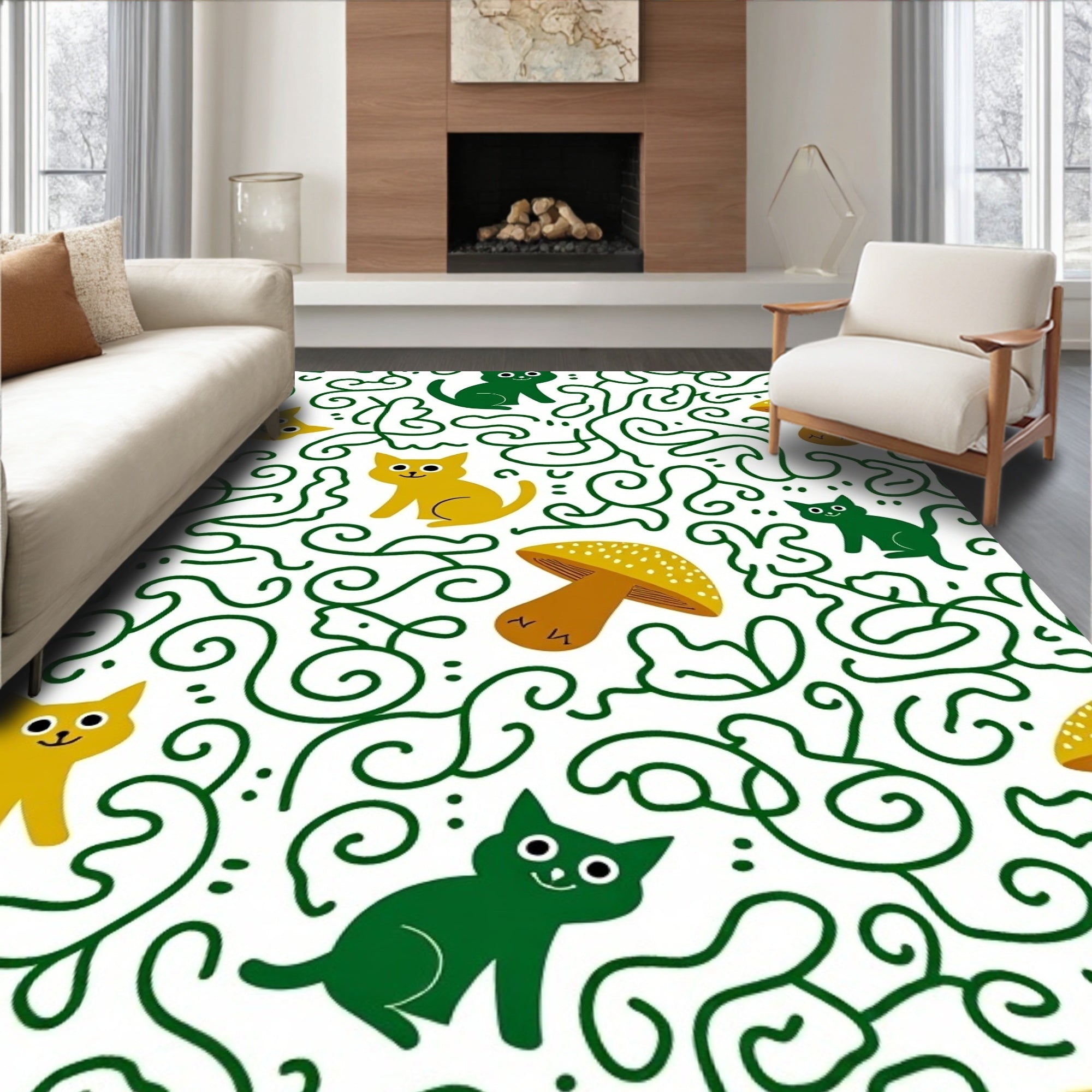 Whimsical Cats and Mushrooms Pattern Rug