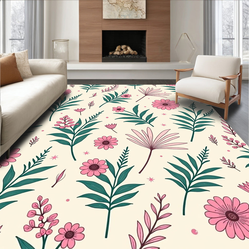 Pink Floral Botanical Pattern Design Rug