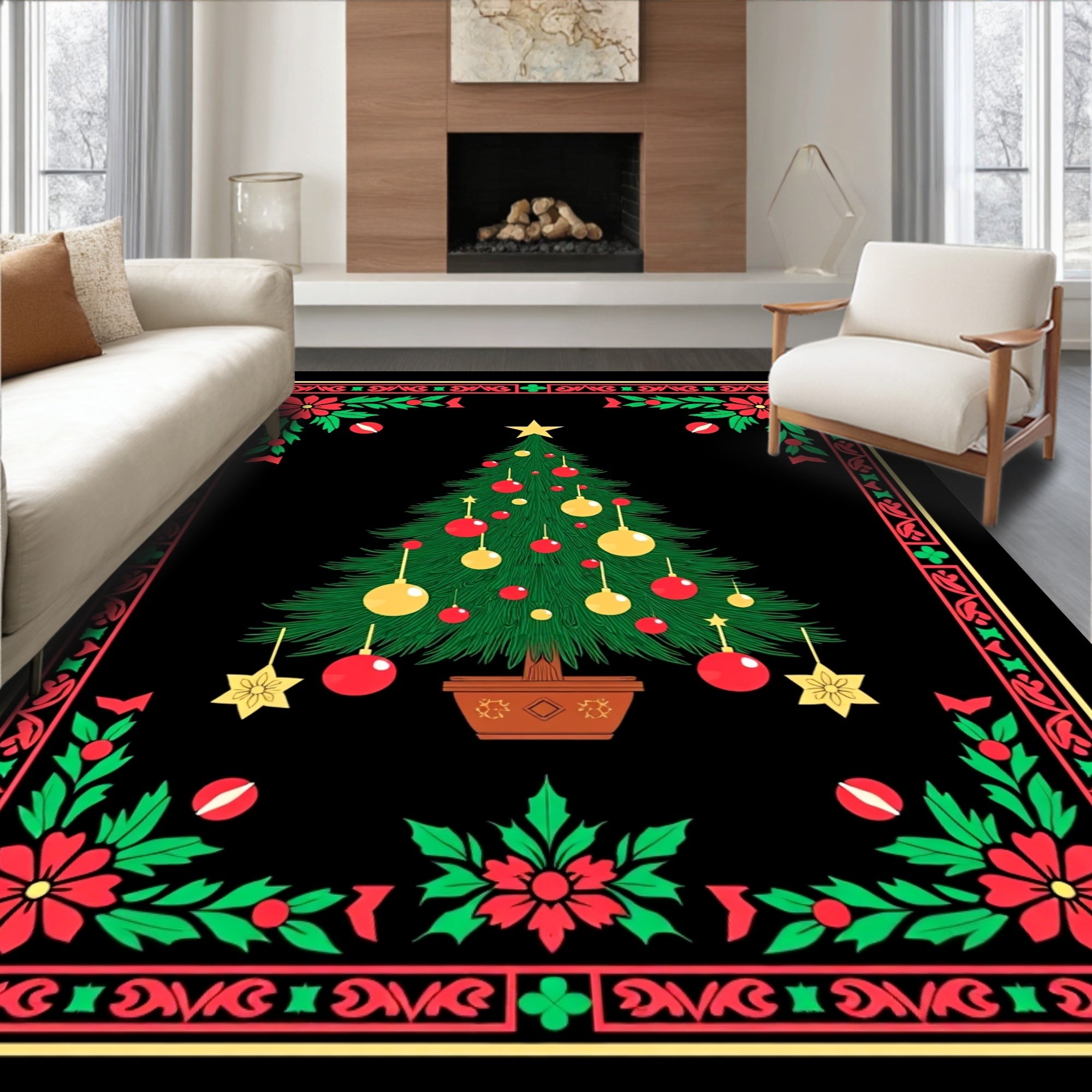Festive Tree Floral Border Design Rug