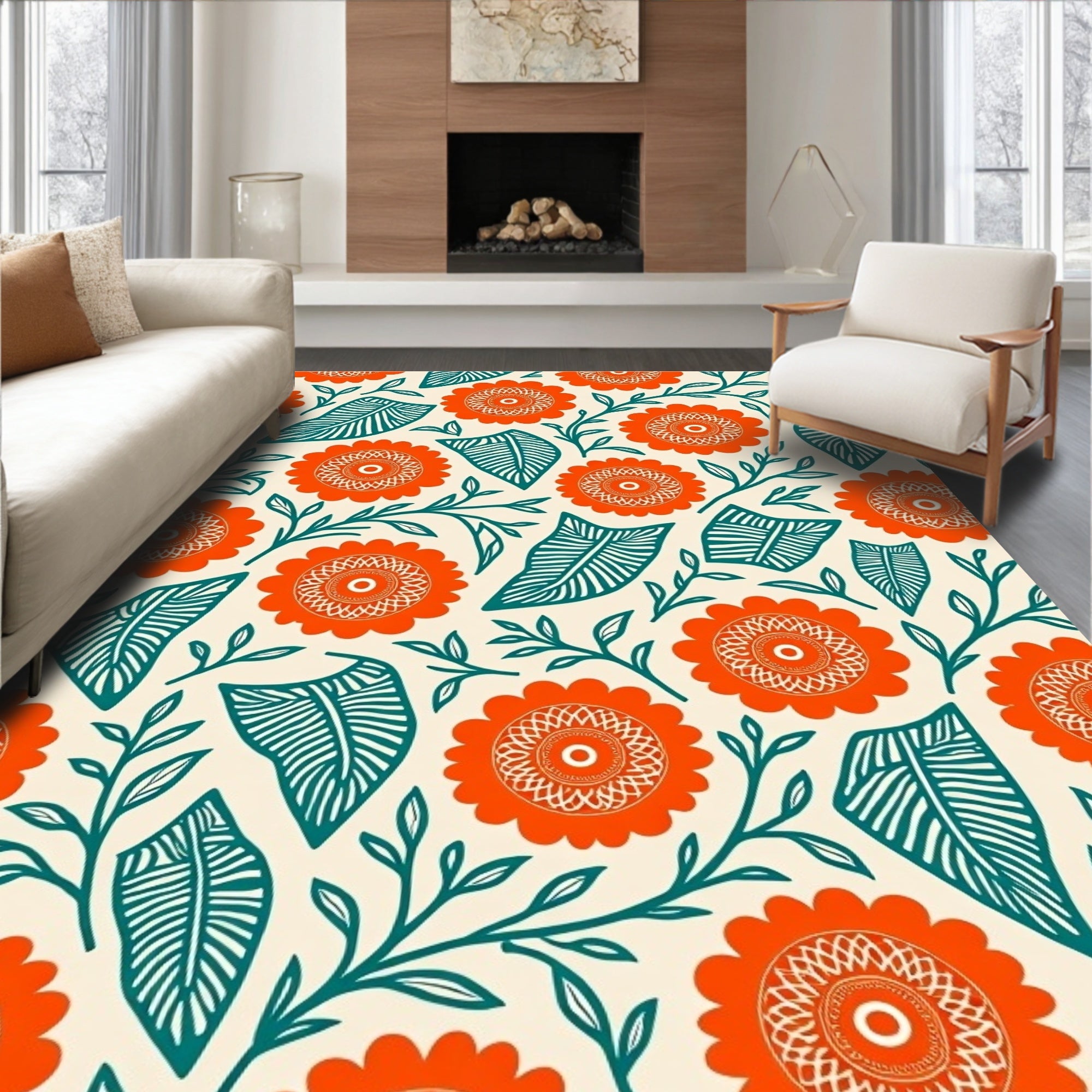Orange Floral Leafy Pattern Rug