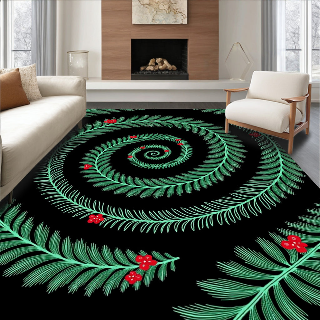 Spiraling Greenery Red Berry Design Rug