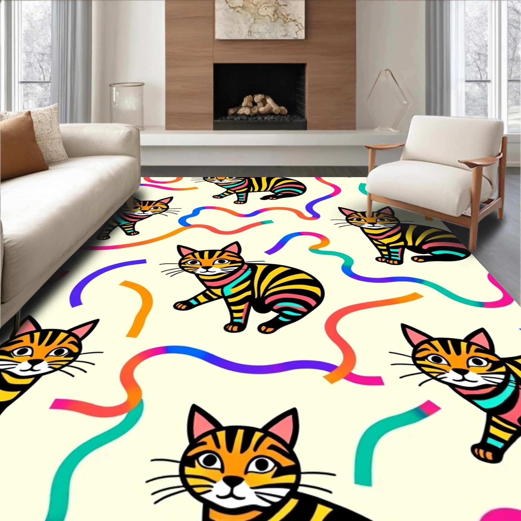 Whimsical Striped Cat Abstract Pattern Rug