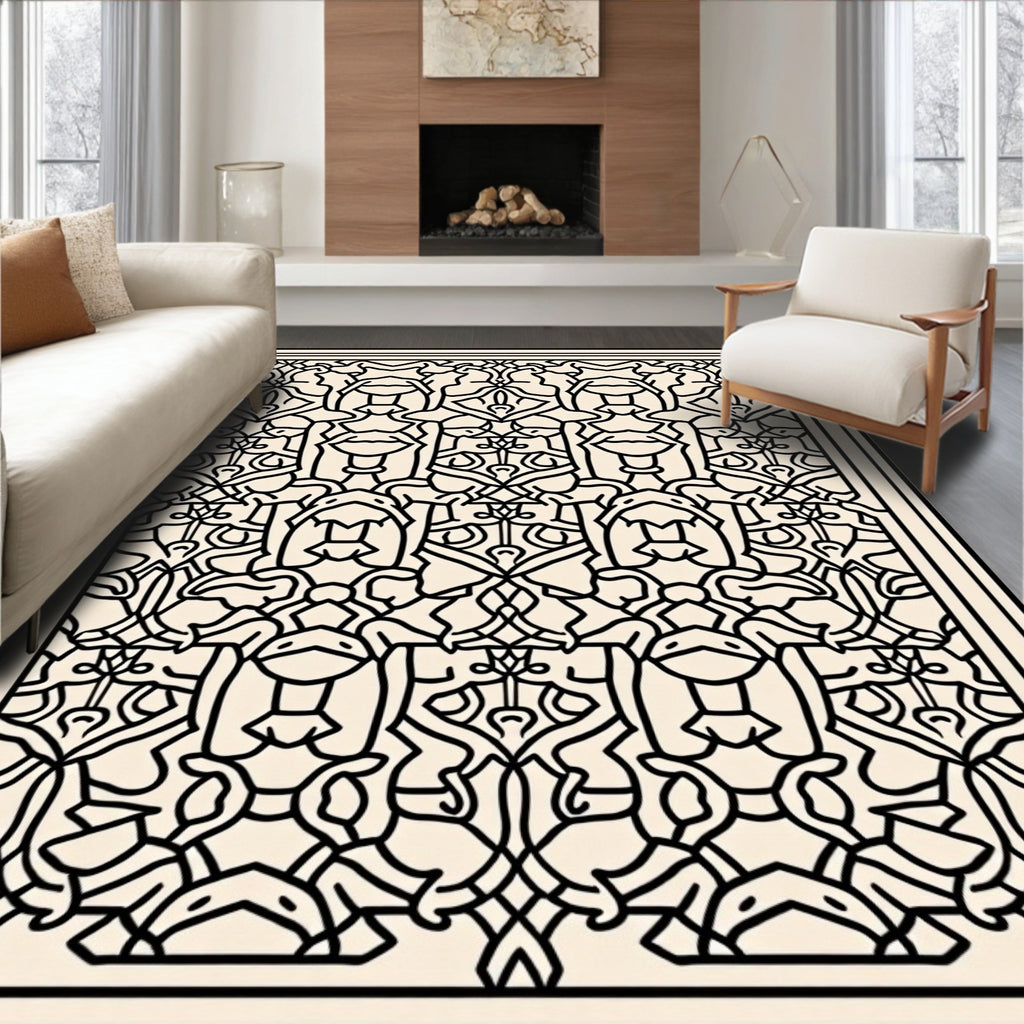 Intricate Linear Black Ivory Pattern Rug