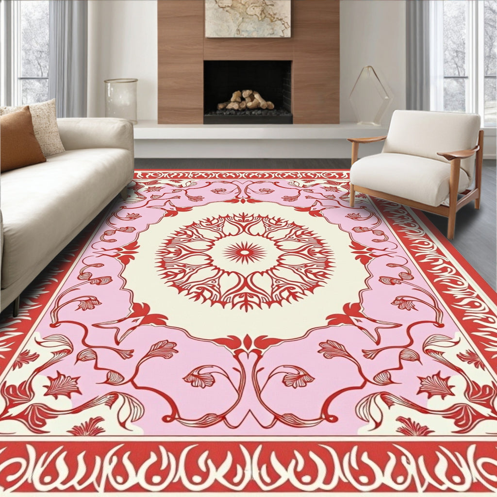 Floral Medallion Red Pink Border Design Rug