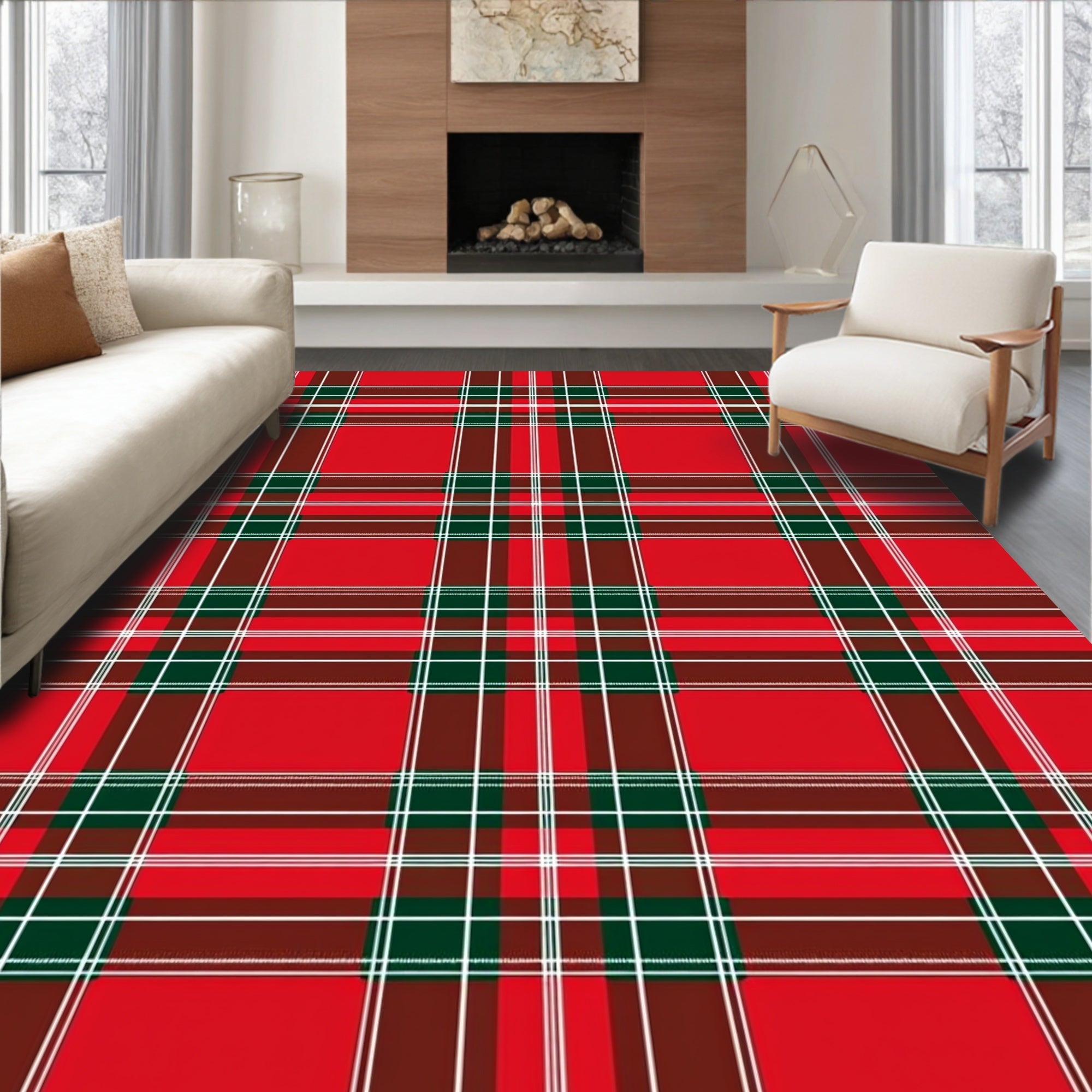 Classic Red Green Plaid Pattern Rug