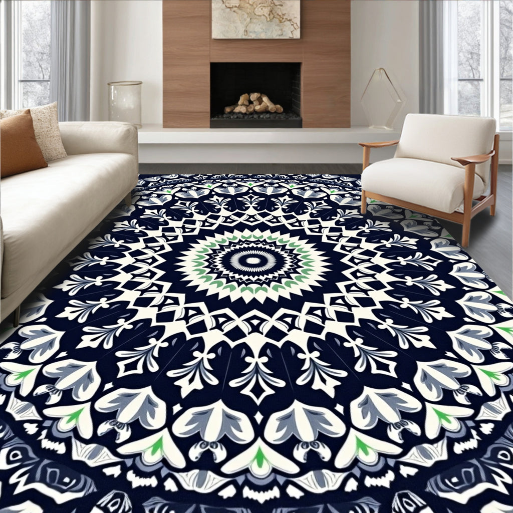 Artistic Navy Floral Mandala Pattern Rug