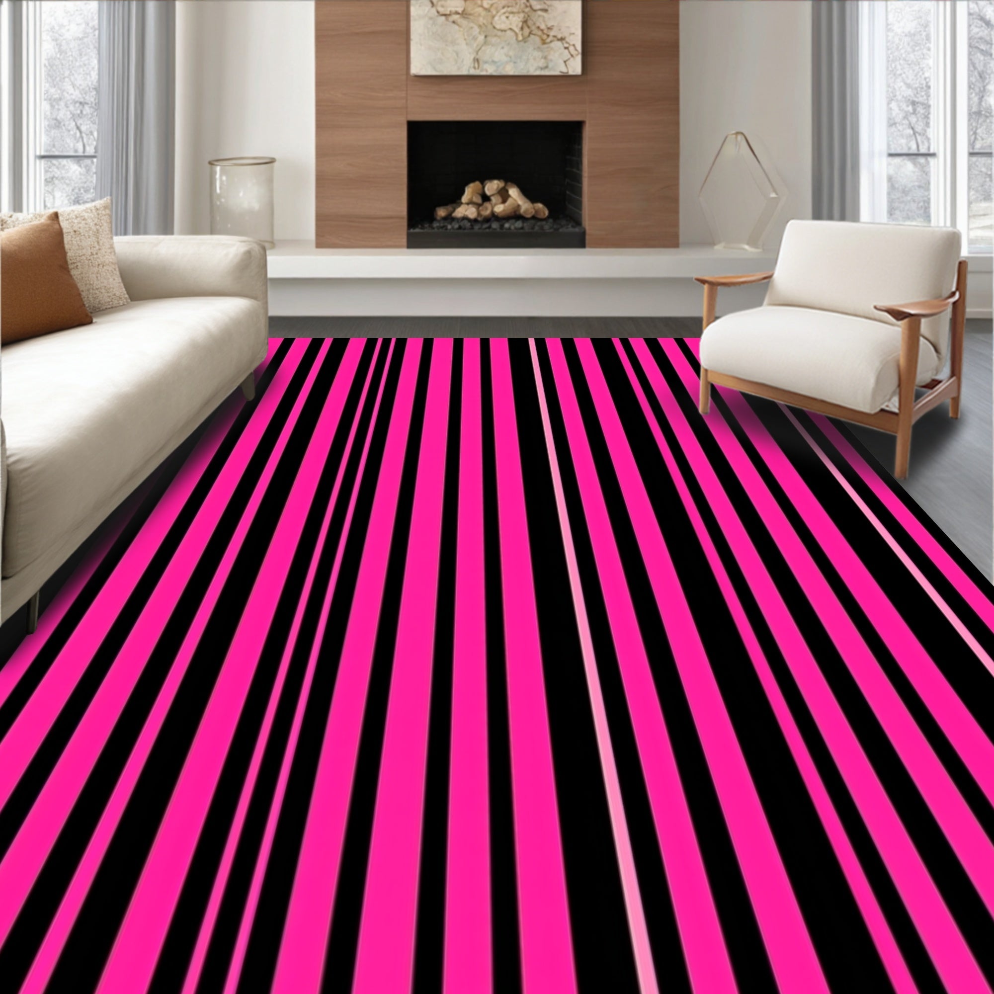 Bold Pink Black Vertical Stripe Design Rug
