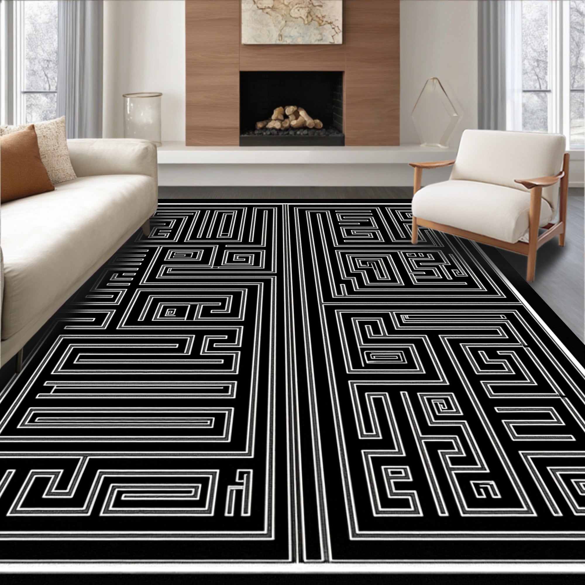 Black and White Abstract Maze Pattern Rug