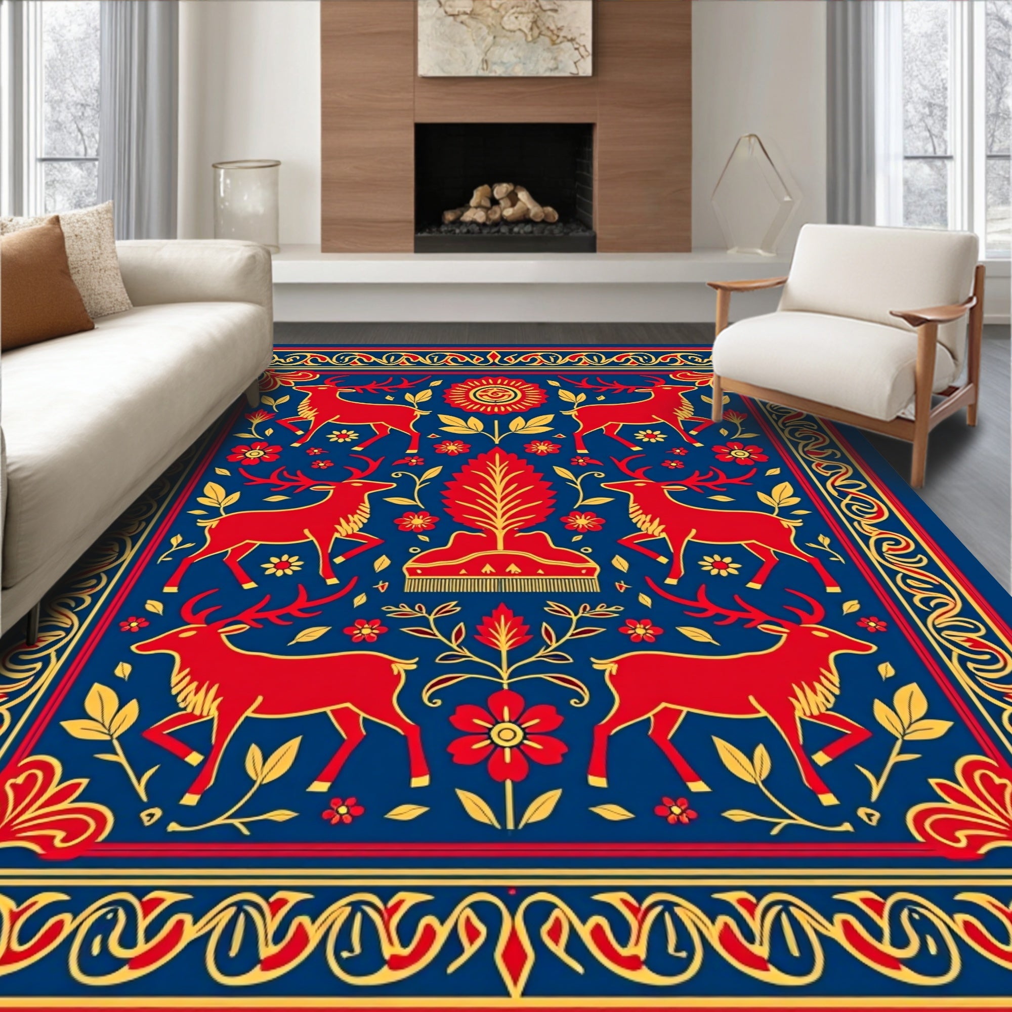 Enchanting Red Deer Folk Art Rug