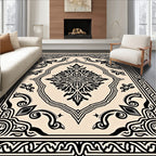 Cream and Black Ornate Scroll Medallion Rug