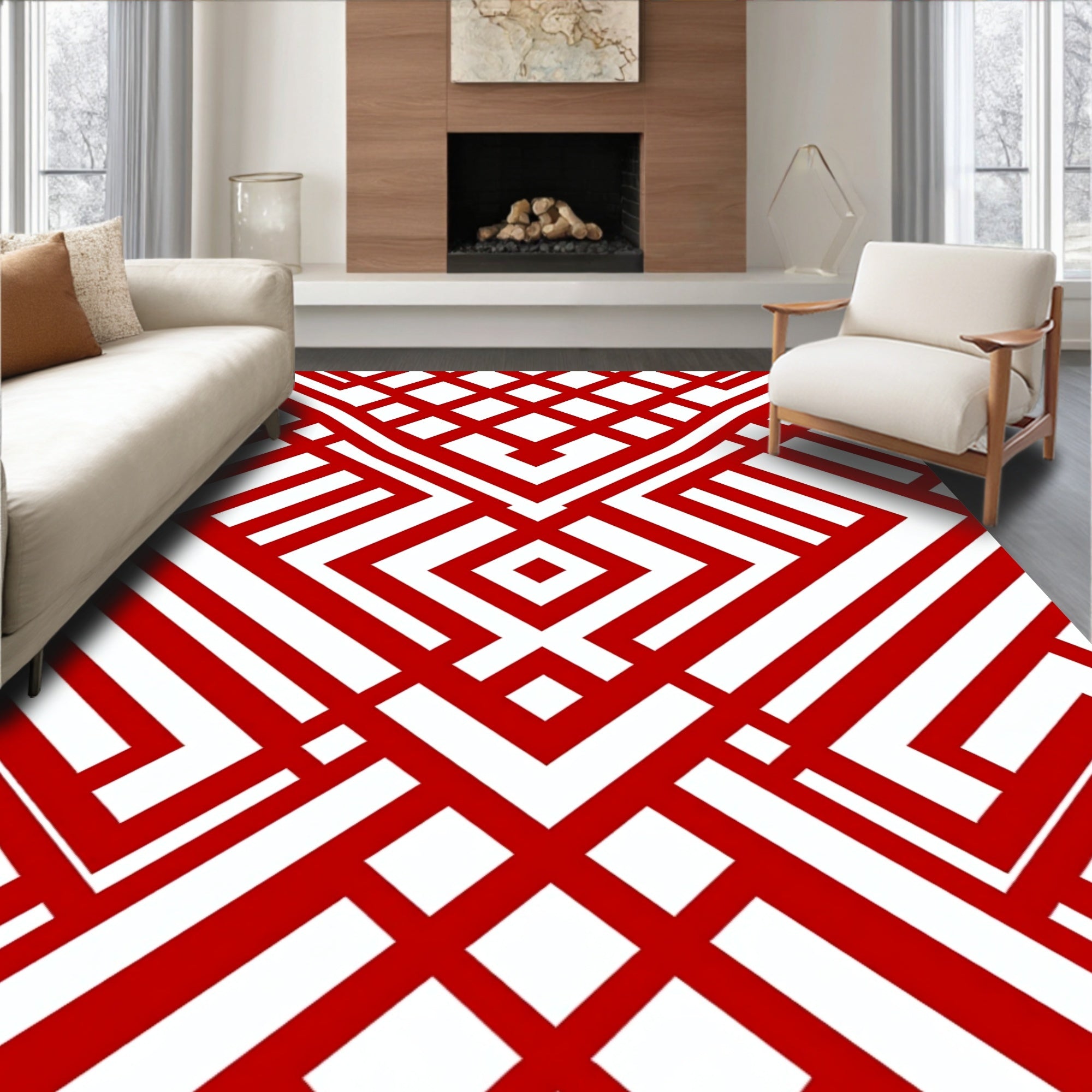 Bold Red White Geometric Lattice Rug