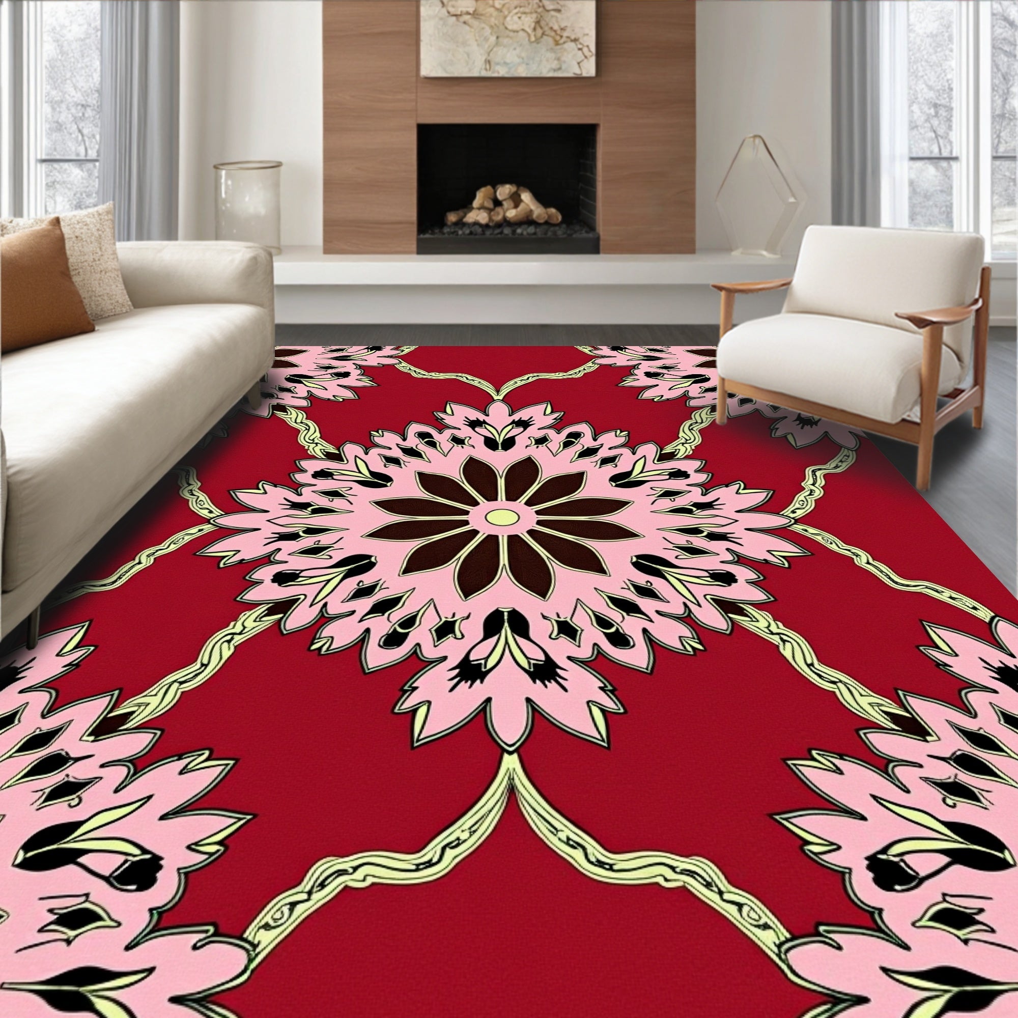 Ornate Floral Mandala In Pink and Red Rug
