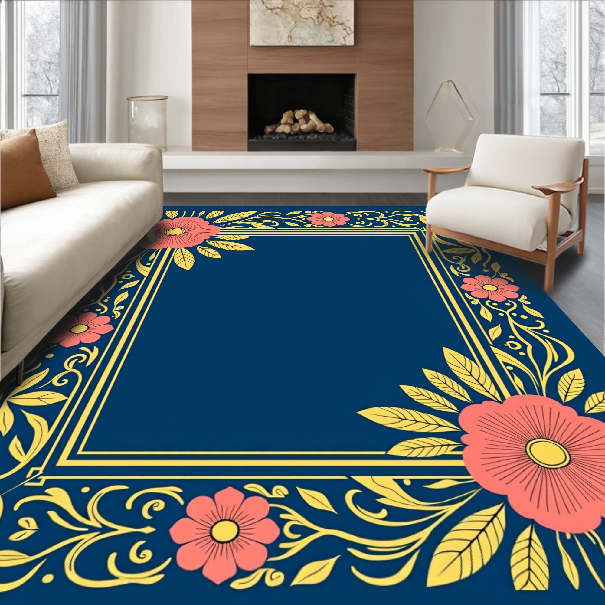 Coral Floral Vine Border Design Rug