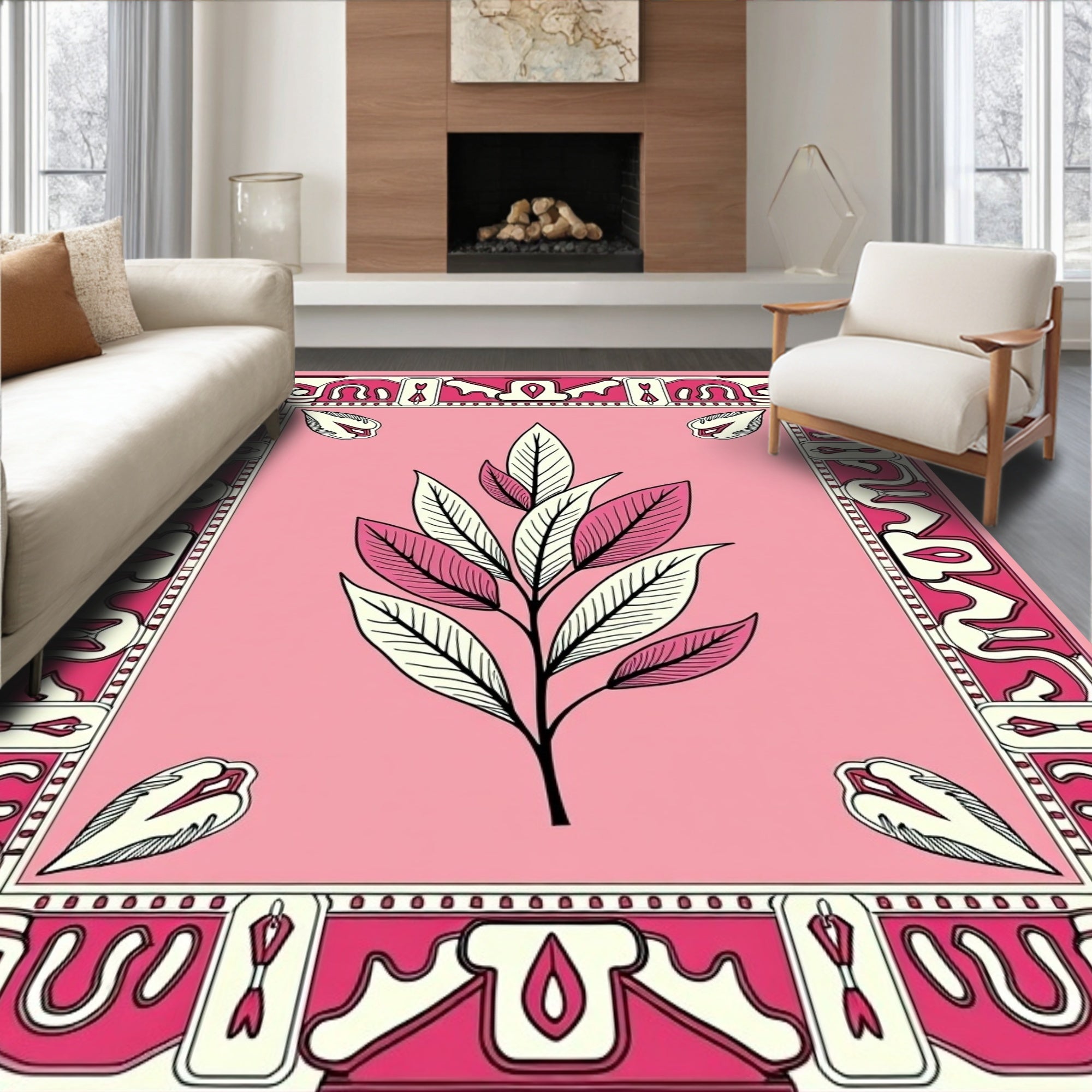 Abstract Floral Pink Botanical Design Rug