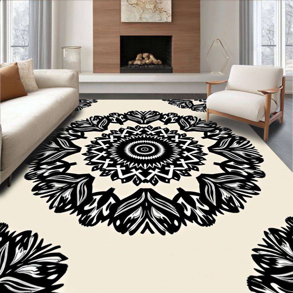 Ornate Black White Mandala Pattern Rug