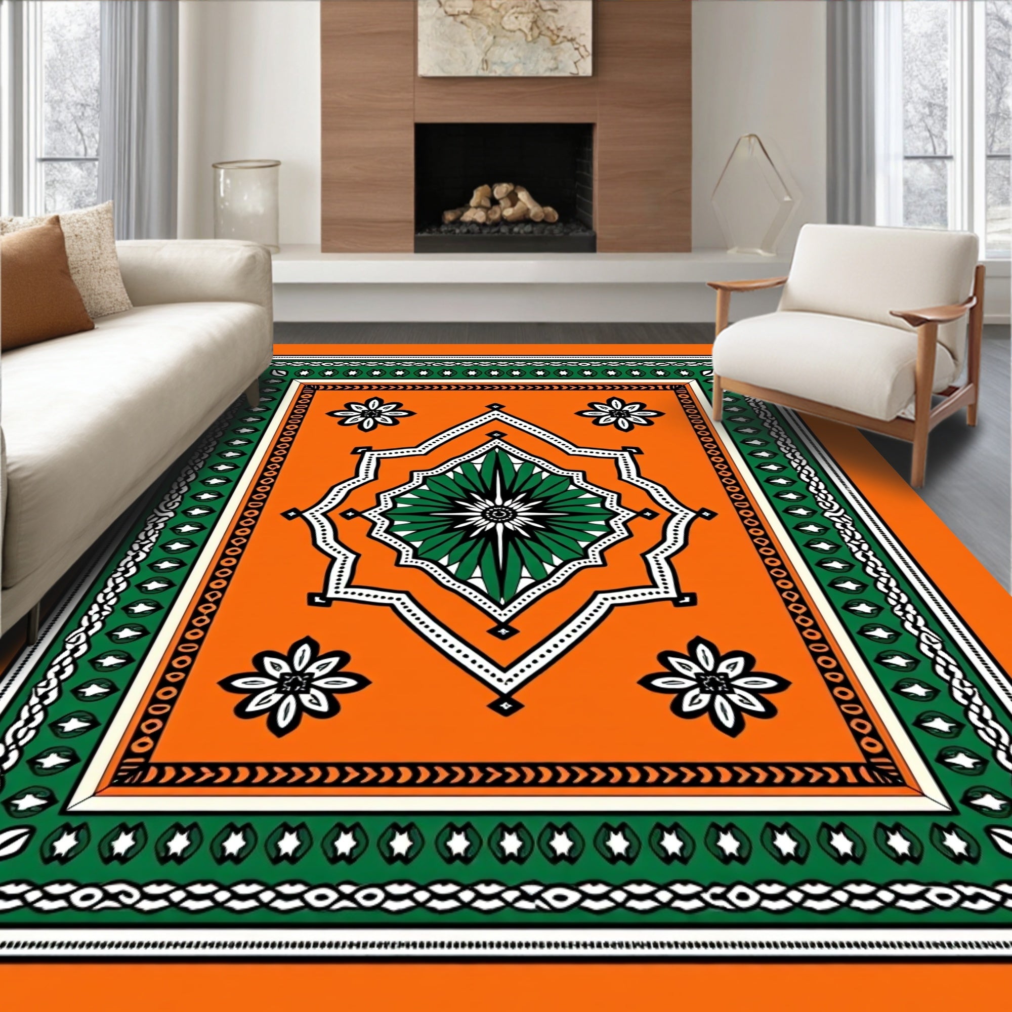 Orange Green Floral Medallion Pattern Rug