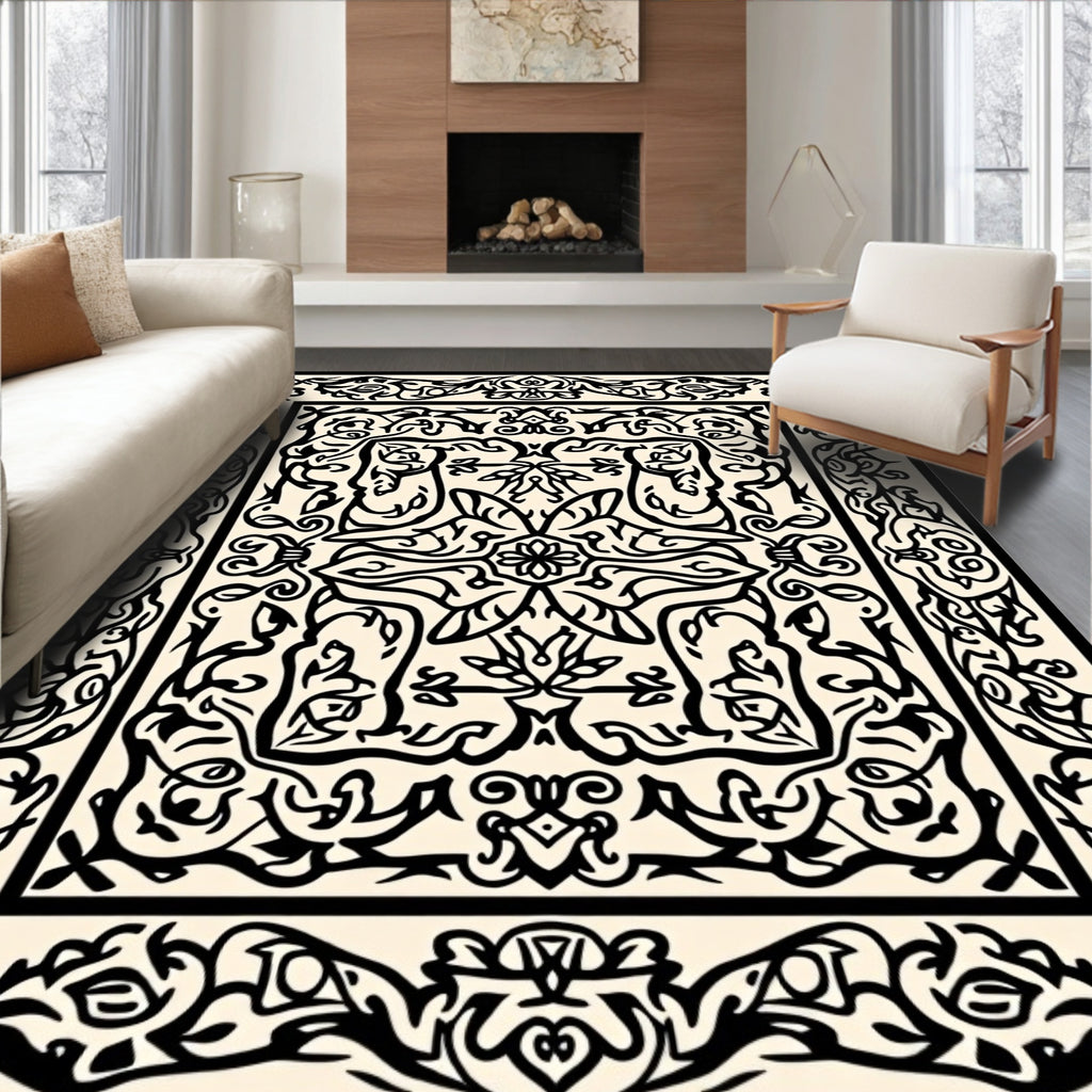 Vintage Black Ivory Floral Pattern Rug