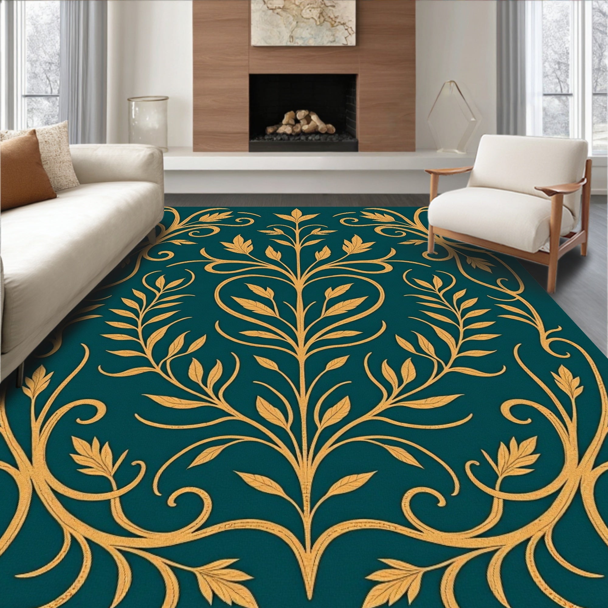 Elegant Gold Floral Vine Motif Rug