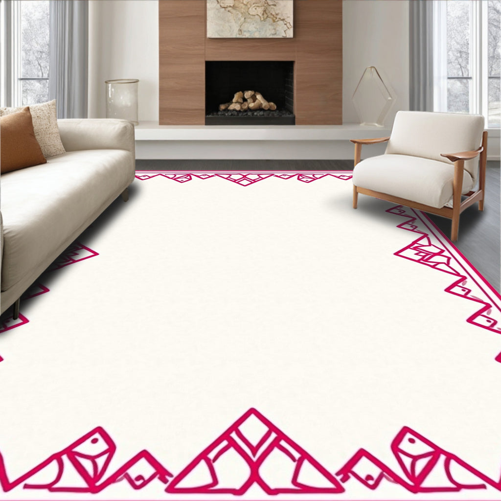 Geometric Red Border Pattern Rug