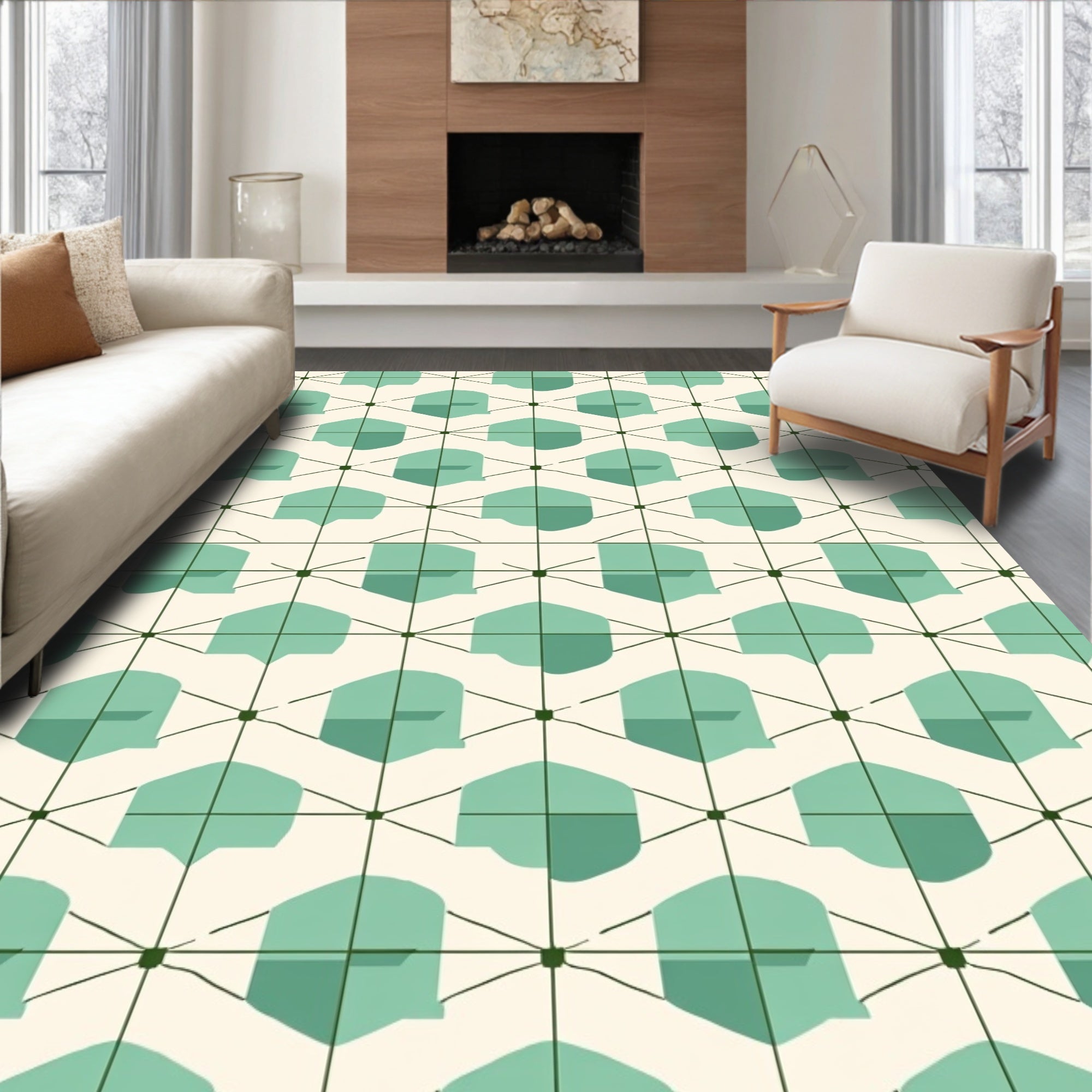 Geometric Mint Cream Hexagonal Pattern Rug